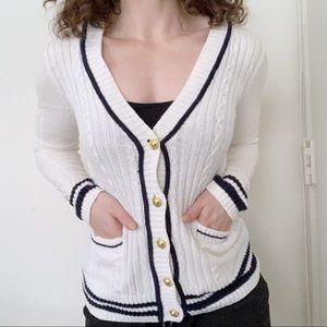 Forever 21 Cream Navy Trim Cardigan Preppy Gold Button Academia Sweater Sailor
